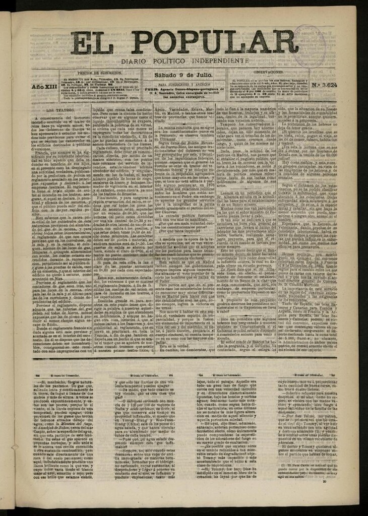 Miniatura de El Popular: diario independiente, político, literario y de noticias de interés general del 9 de julio de 1881, nº 3624