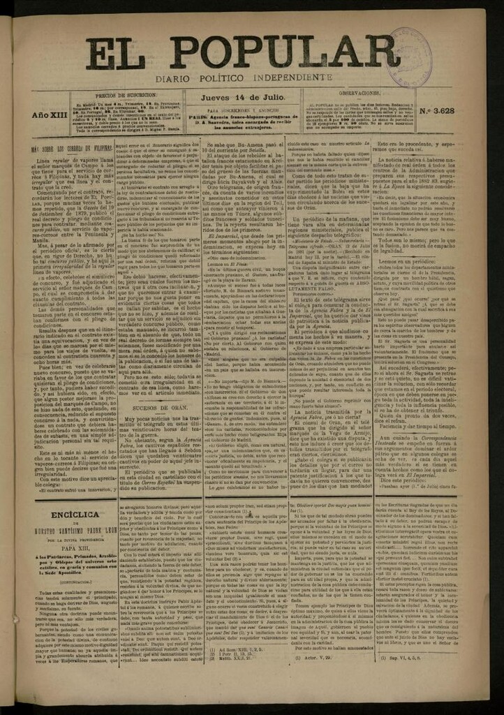 Miniatura de El Popular: diario independiente, político, literario y de noticias de interés general del 14 de julio de 1881, nº 3628