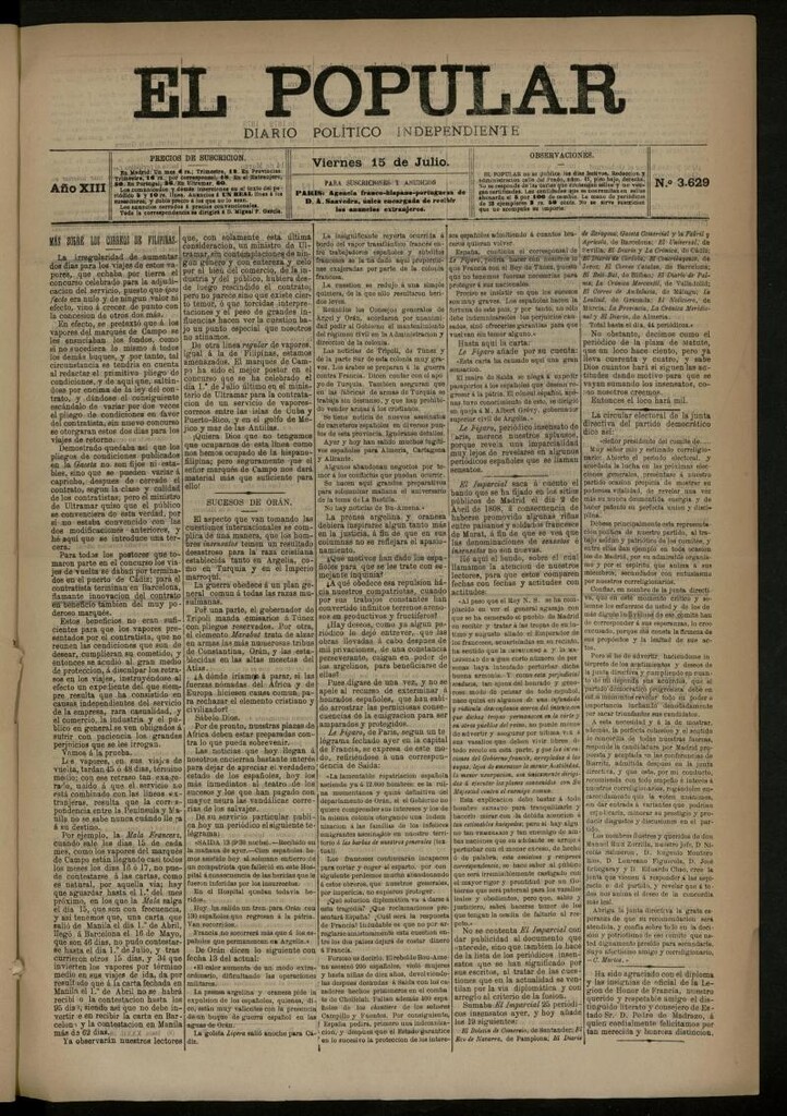 Miniatura de El Popular: diario independiente, político, literario y de noticias de interés general del 15 de julio de 1881, nº 3629