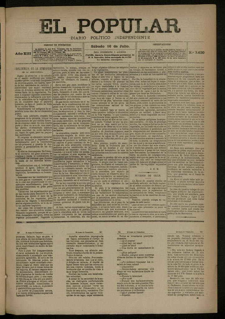 Miniatura de El Popular: diario independiente, político, literario y de noticias de interés general del 16 de julio de 1881, nº 3630