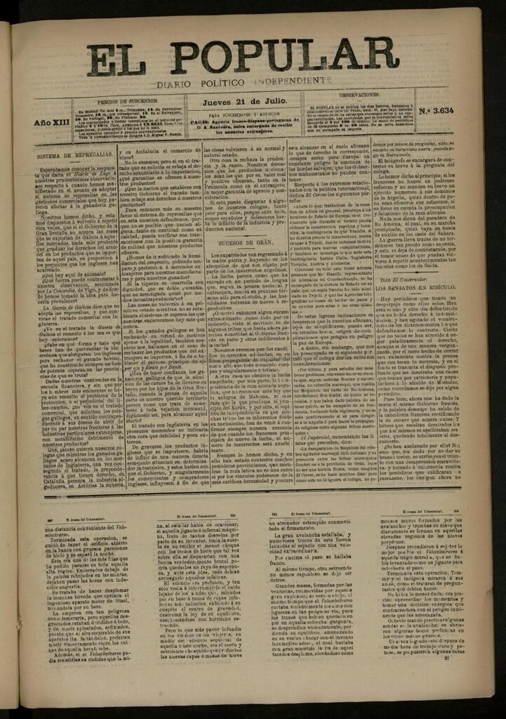 Miniatura de El Popular: diario independiente, político, literario y de noticias de interés general del 21 de julio de 1881, nº 3634