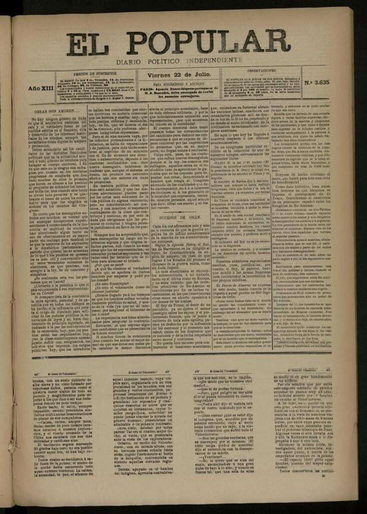 Miniatura de El Popular: diario independiente, político, literario y de noticias de interés general del 22 de julio de 1881, nº 3635