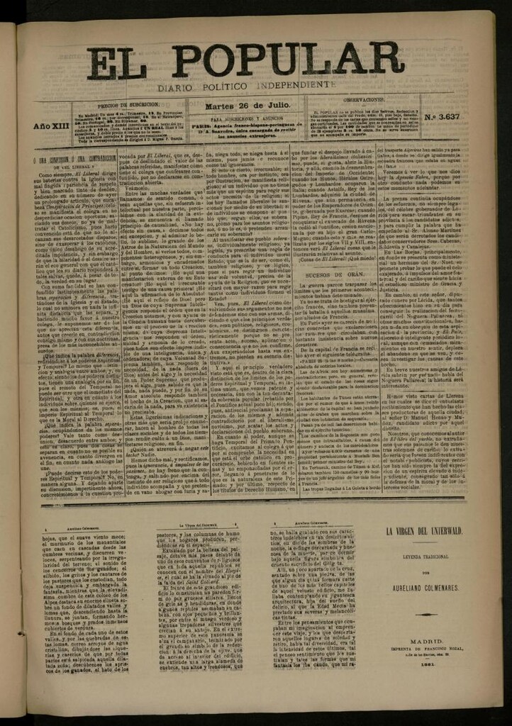 Miniatura de El Popular: diario independiente, político, literario y de noticias de interés general del 26 de julio de 1881, nº 3637