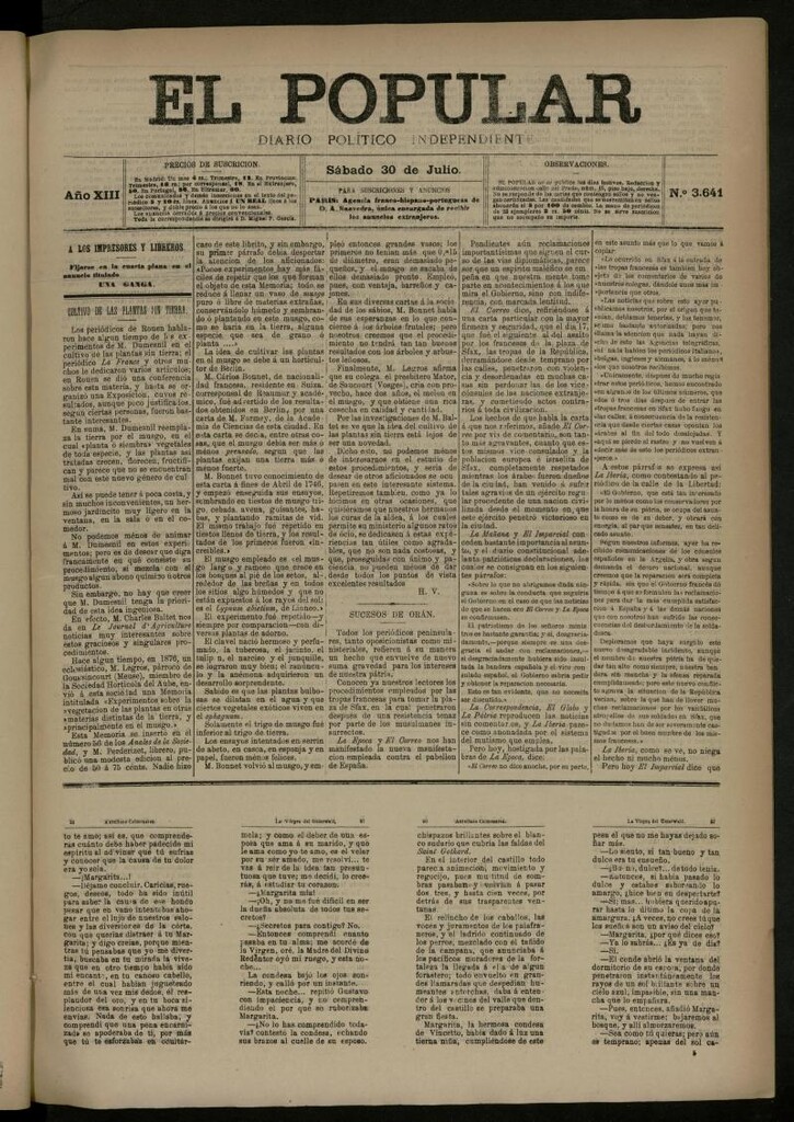 Miniatura de El Popular: diario independiente, político, literario y de noticias de interés general del 30 de julio de 1881, nº 3641