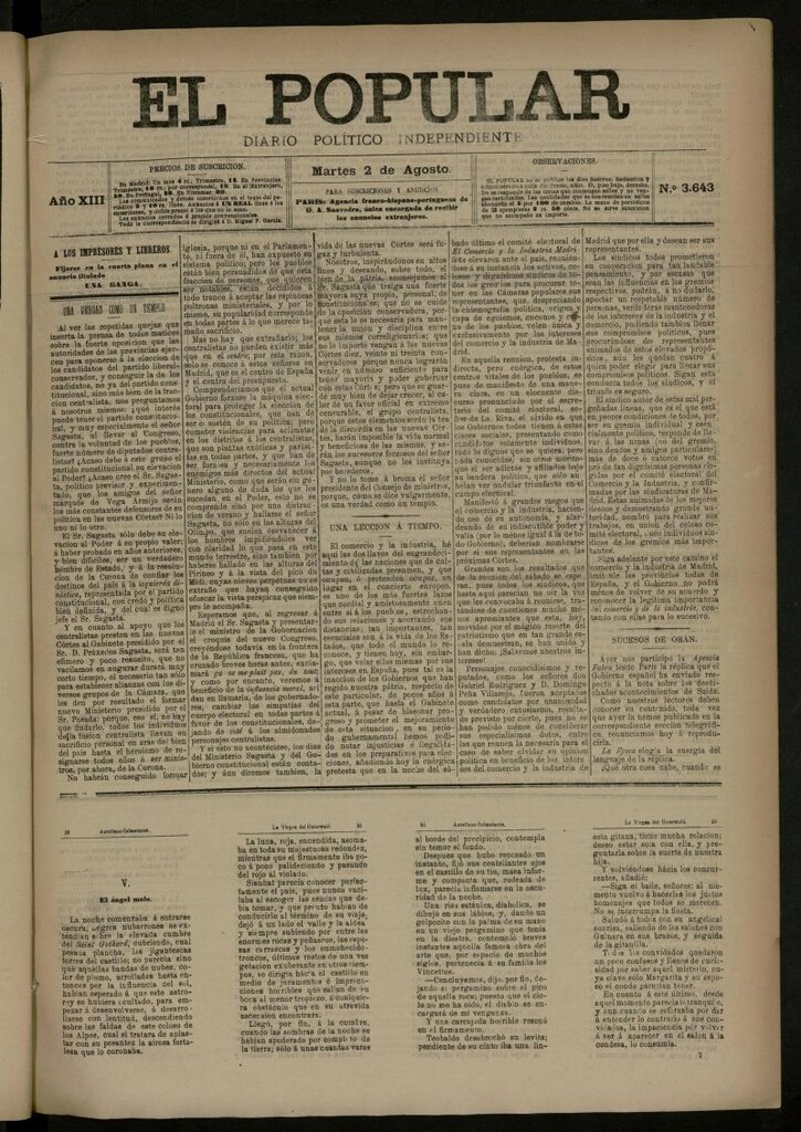 Miniatura de El Popular: diario independiente, político, literario y de noticias de interés general del 2 de agosto de 1881, nº 3643