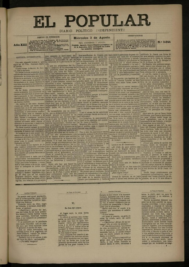 Miniatura de El Popular: diario independiente, político, literario y de noticias de interés general del 3 de agosto de 1881, nº 3644