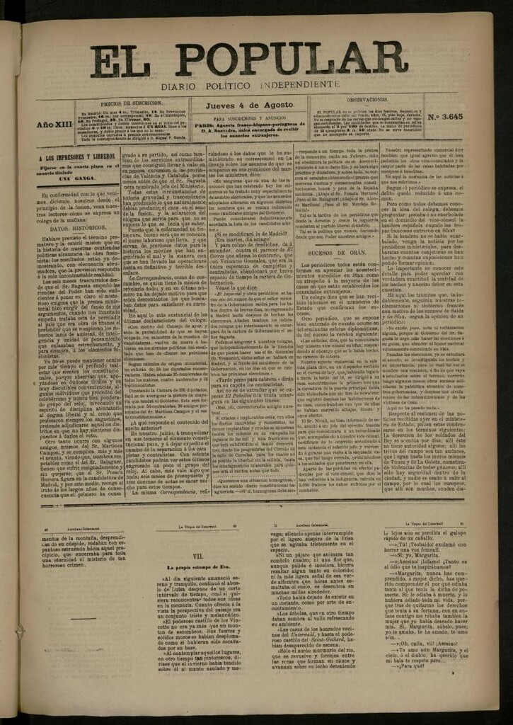 Miniatura de El Popular: diario independiente, político, literario y de noticias de interés general del 4 de agosto de 1881, nº 3645