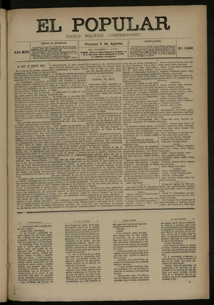 Miniatura de El Popular: diario independiente, político, literario y de noticias de interés general del 5 de agosto de 1881, nº 3646