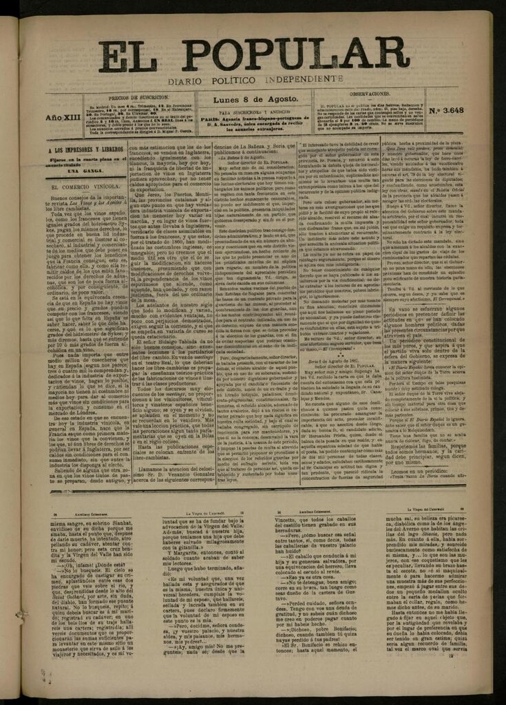 Miniatura de El Popular: diario independiente, político, literario y de noticias de interés general del 8 de agosto de 1881, nº 3648