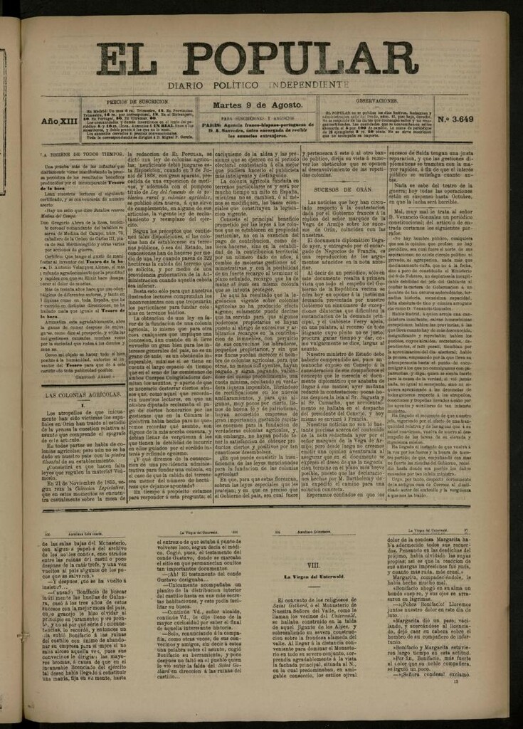 Miniatura de El Popular: diario independiente, político, literario y de noticias de interés general del 9 de agosto de 1881, nº 3649