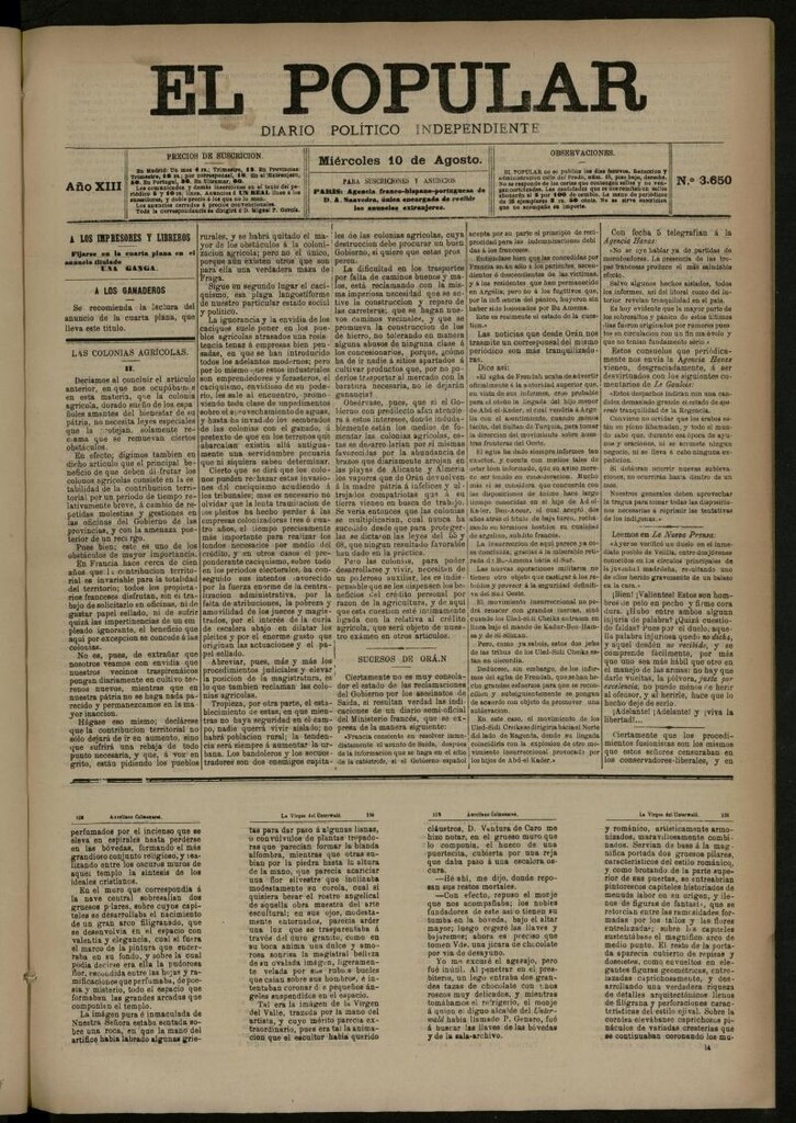 Miniatura de El Popular: diario independiente, político, literario y de noticias de interés general del 10 de agosto de 1881, nº 3650