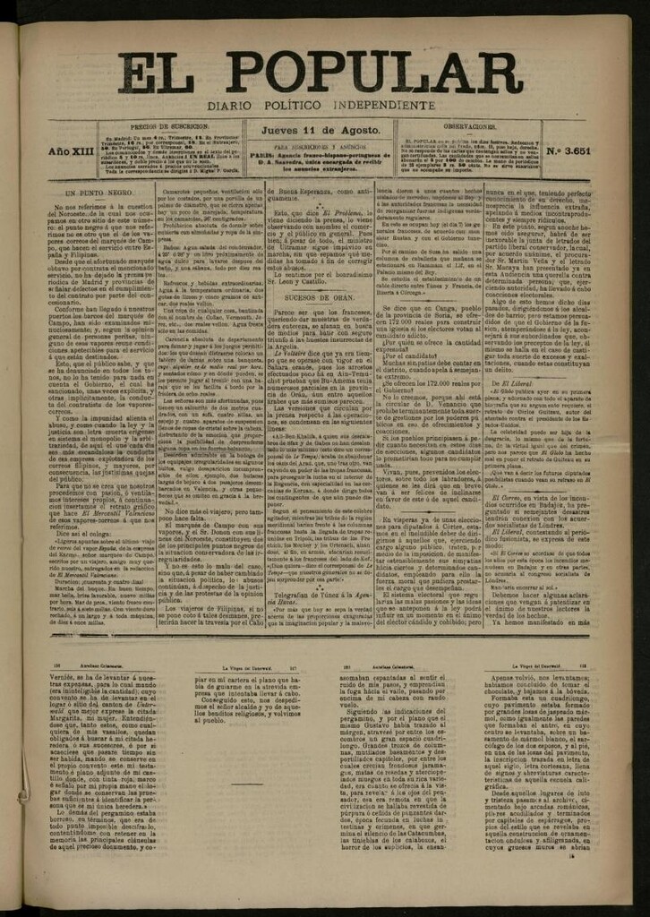 Miniatura de El Popular: diario independiente, político, literario y de noticias de interés general del 11 de agosto de 1881, nº 3651