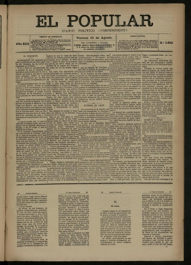 Miniatura de El Popular: diario independiente, político, literario y de noticias de interés general del 12 de agosto de 1881, nº 3652