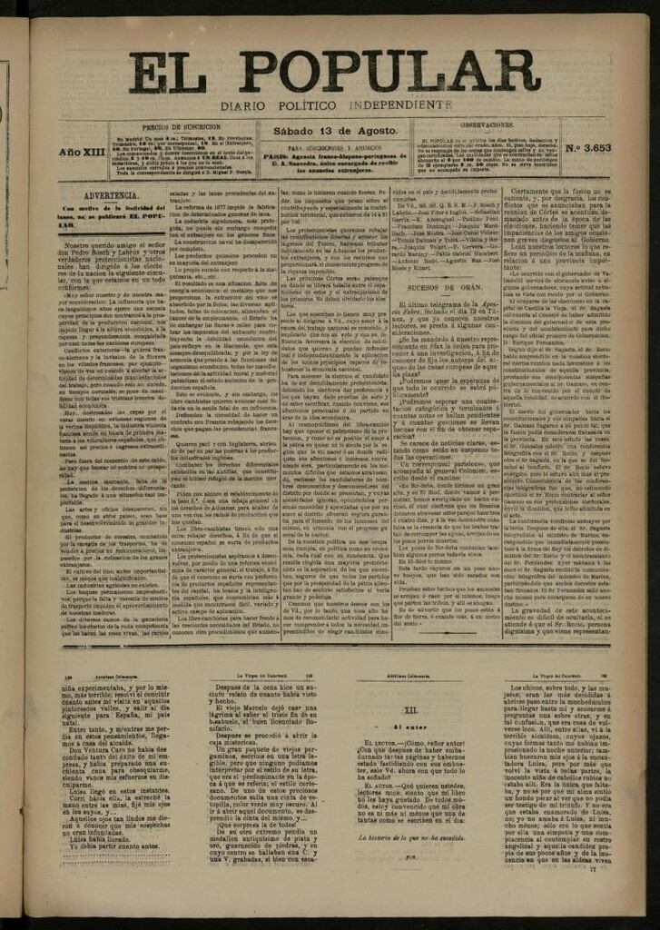 Miniatura de El Popular: diario independiente, político, literario y de noticias de interés general del 13 de agosto de 1881, nº 3653