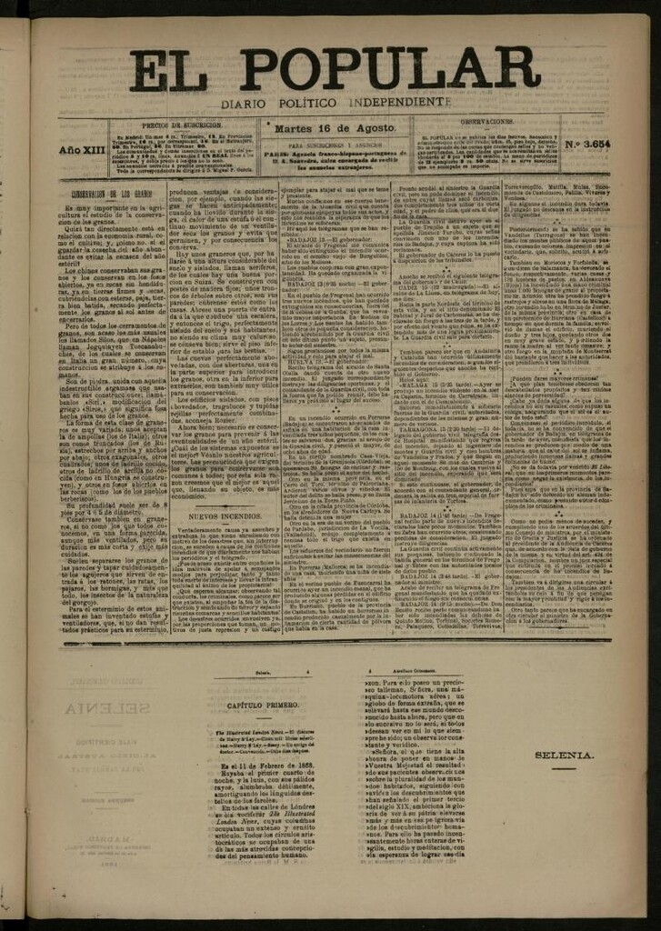 Miniatura de El Popular: diario independiente, político, literario y de noticias de interés general del 16 de agosto de 1881, nº 3654