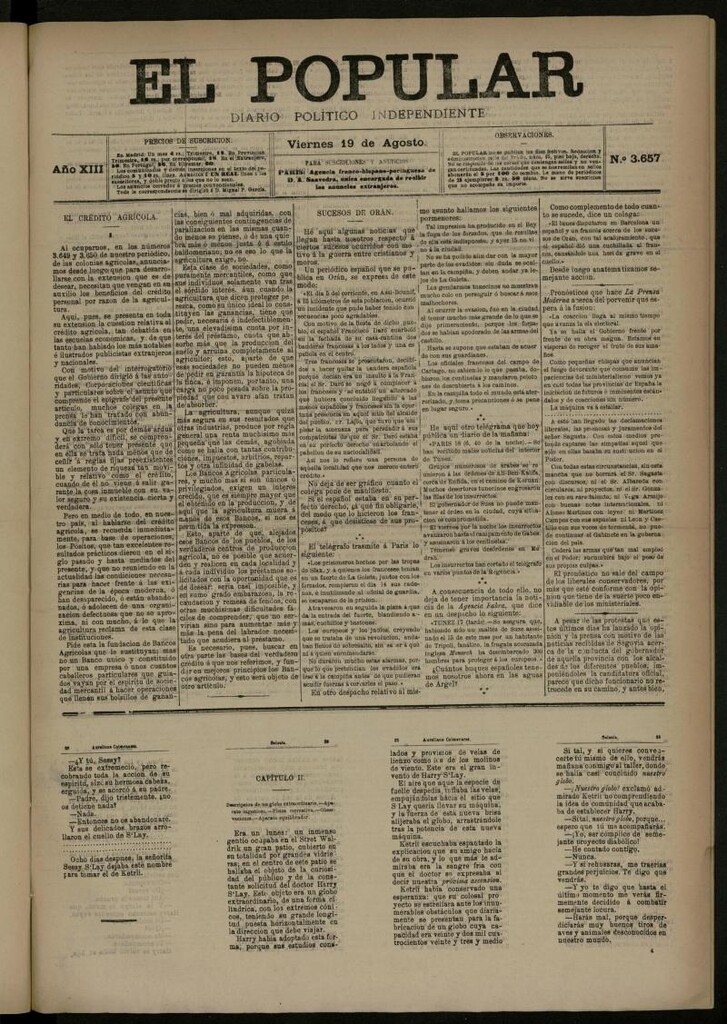 Miniatura de El Popular: diario independiente, político, literario y de noticias de interés general del 19 de agosto de 1881, nº 3657