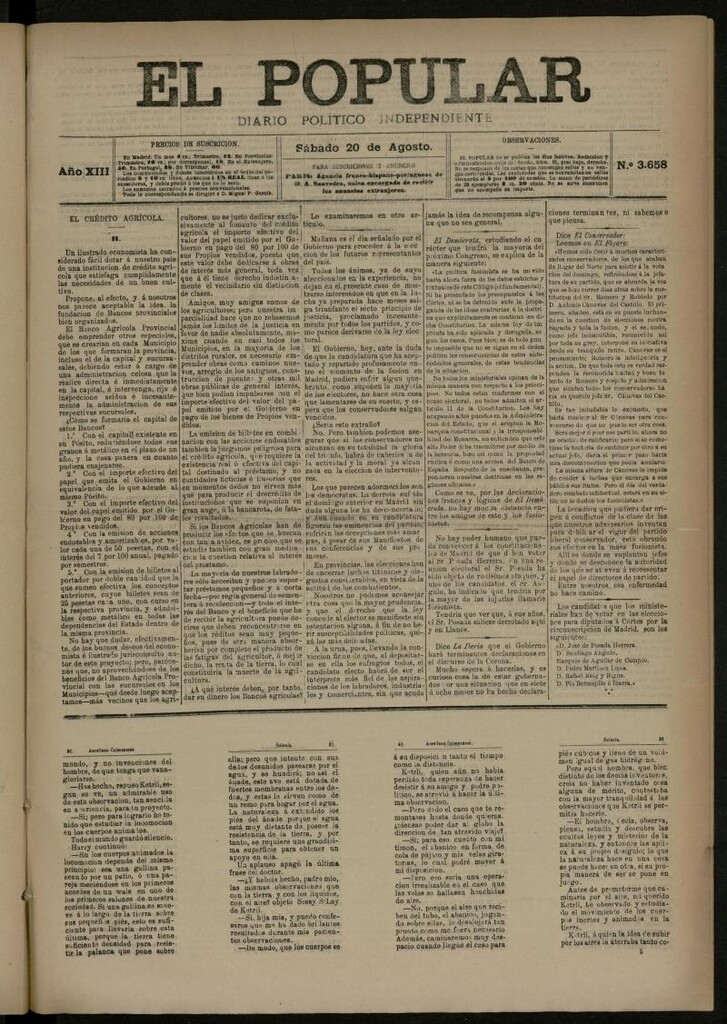 Miniatura de El Popular: diario independiente, político, literario y de noticias de interés general del 20 de agosto de 1881, nº 3658