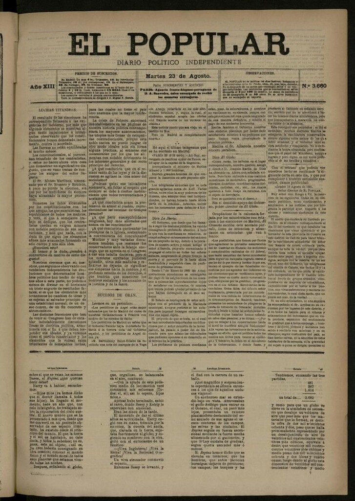 Miniatura de El Popular: diario independiente, político, literario y de noticias de interés general del 23 de agosto de 1881, nº 3660