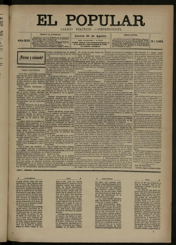 Miniatura de El Popular: diario independiente, político, literario y de noticias de interés general del 25 de agosto de 1881, nº 3662