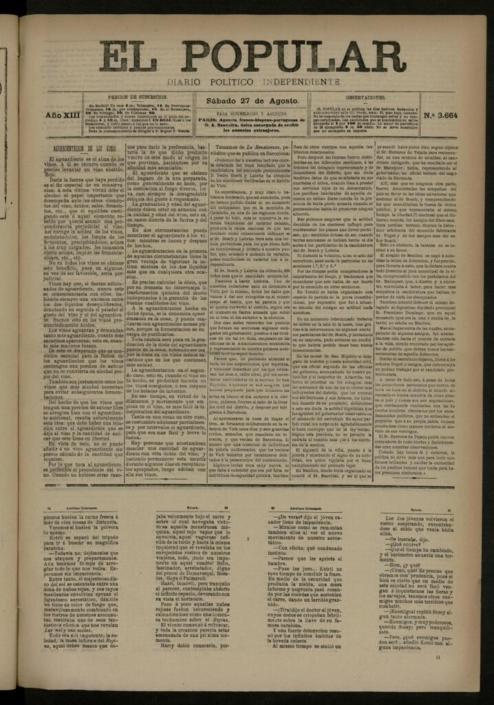 Miniatura de El Popular: diario independiente, político, literario y de noticias de interés general del 27 de agosto de 1881, nº 3664