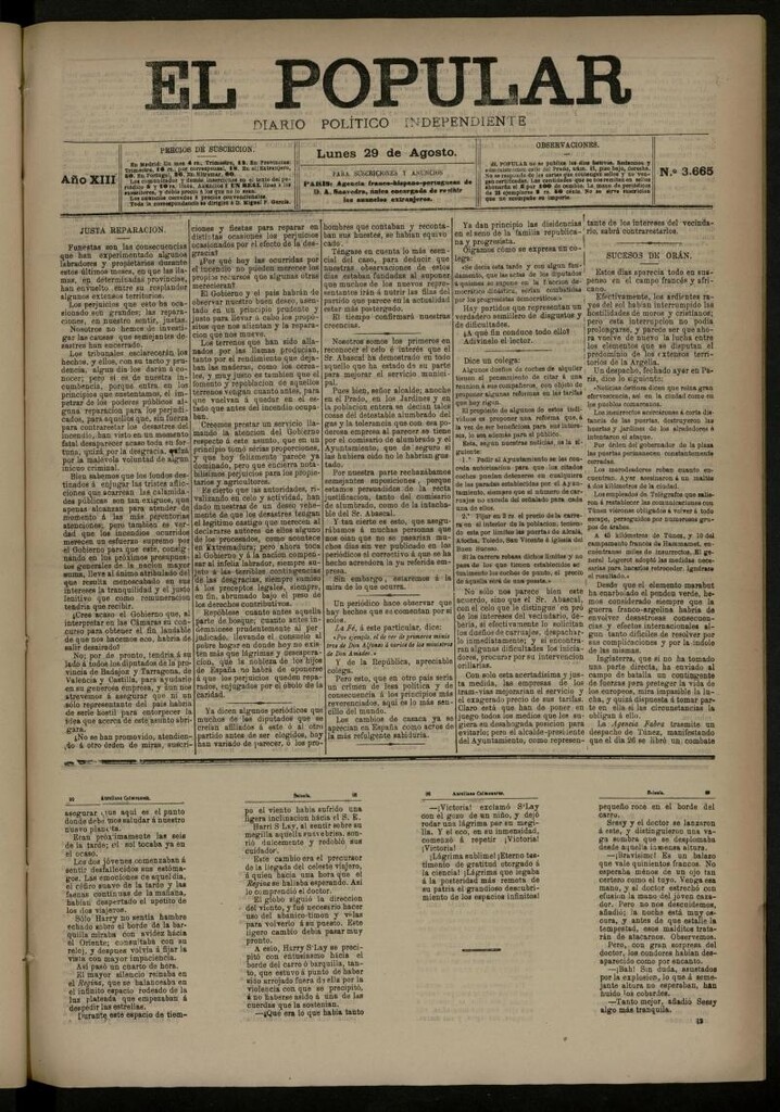 Miniatura de El Popular: diario independiente, político, literario y de noticias de interés general del 29 de agosto de 1881, nº 3665