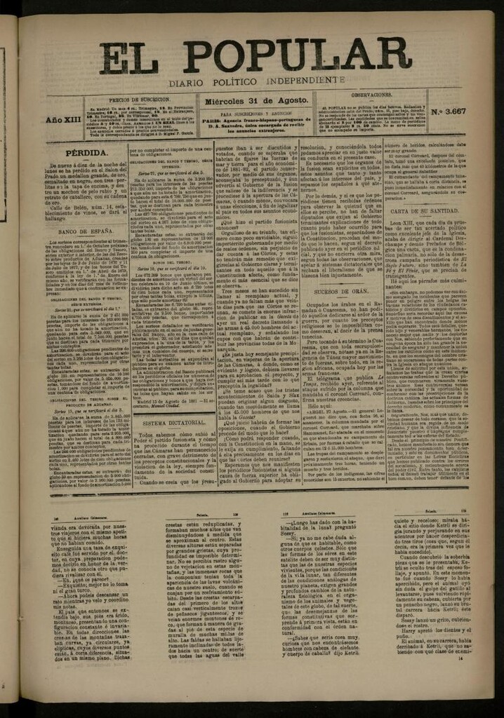 Miniatura de El Popular: diario independiente, político, literario y de noticias de interés general del 31 de agosto de 1881, nº 3667