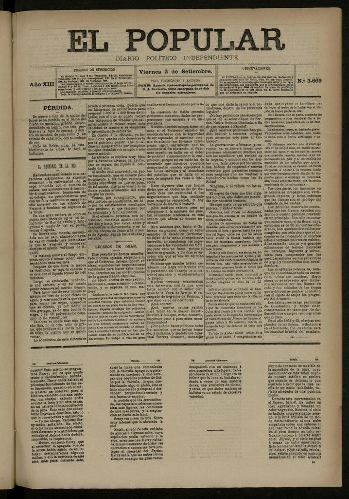 Miniatura de El Popular: diario independiente, político, literario y de noticias de interés general del 2 de septiembre de 1881, nº 3669