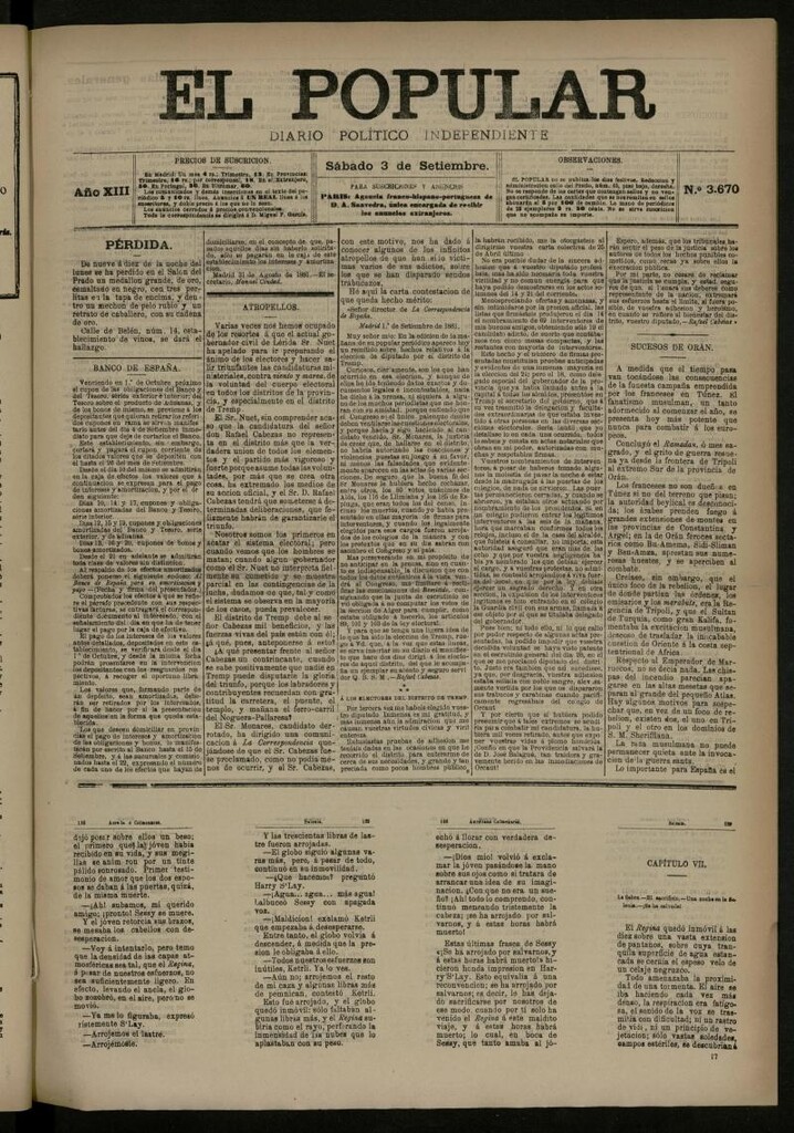 Miniatura de El Popular: diario independiente, político, literario y de noticias de interés general del 3 de septiembre de 1881, nº 3670