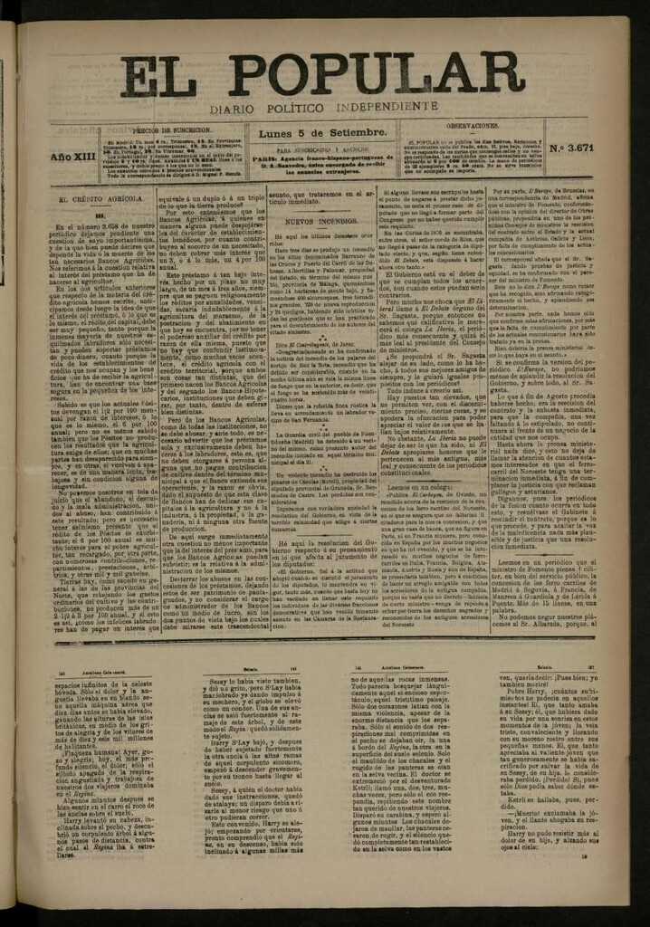 Miniatura de El Popular: diario independiente, político, literario y de noticias de interés general del 5 de septiembre de 1881, nº 3671