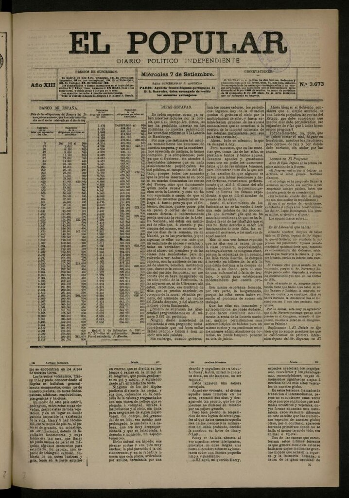 Miniatura de El Popular: diario independiente, político, literario y de noticias de interés general del 7 de septiembre de 1881, nº 3673