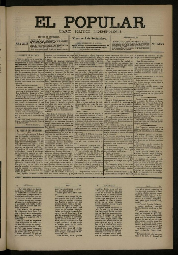 Miniatura de El Popular: diario independiente, político, literario y de noticias de interés general del 9 de septiembre de 1881, nº 3674