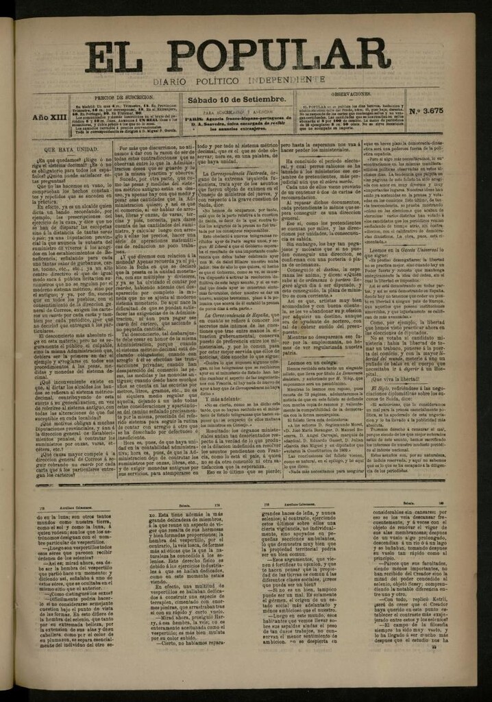 Miniatura de El Popular: diario independiente, político, literario y de noticias de interés general del 10 de septiembre de 1881, nº 3675