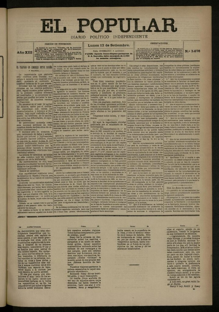 Miniatura de El Popular: diario independiente, político, literario y de noticias de interés general del 12 de septiembre de 1881, nº 3676