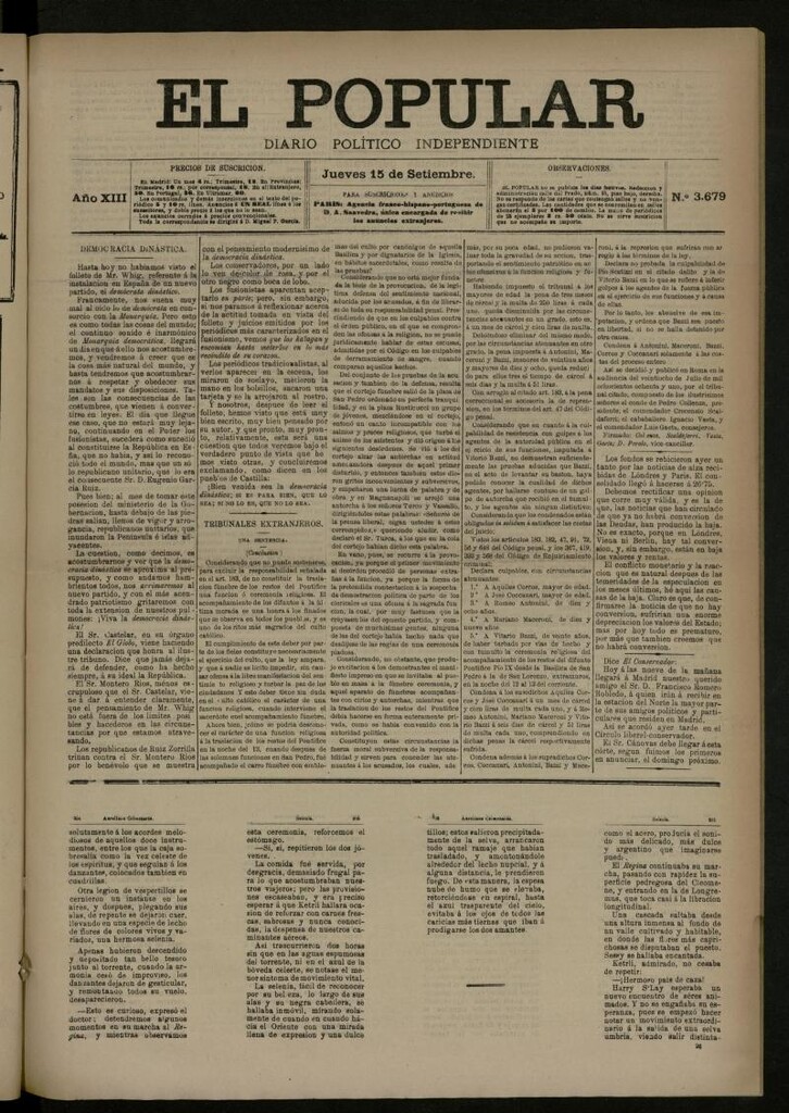 Miniatura de El Popular: diario independiente, político, literario y de noticias de interés general del 15 de septiembre de 1881, nº 3679
