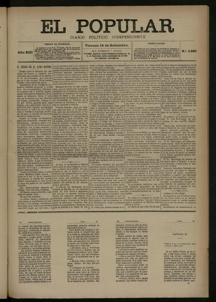 Miniatura de El Popular: diario independiente, político, literario y de noticias de interés general del 16 de septiembre de 1881, nº 3680
