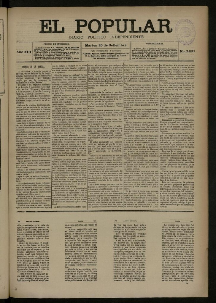 Miniatura de El Popular: diario independiente, político, literario y de noticias de interés general del 20 de septiembre de 1881, nº 3683