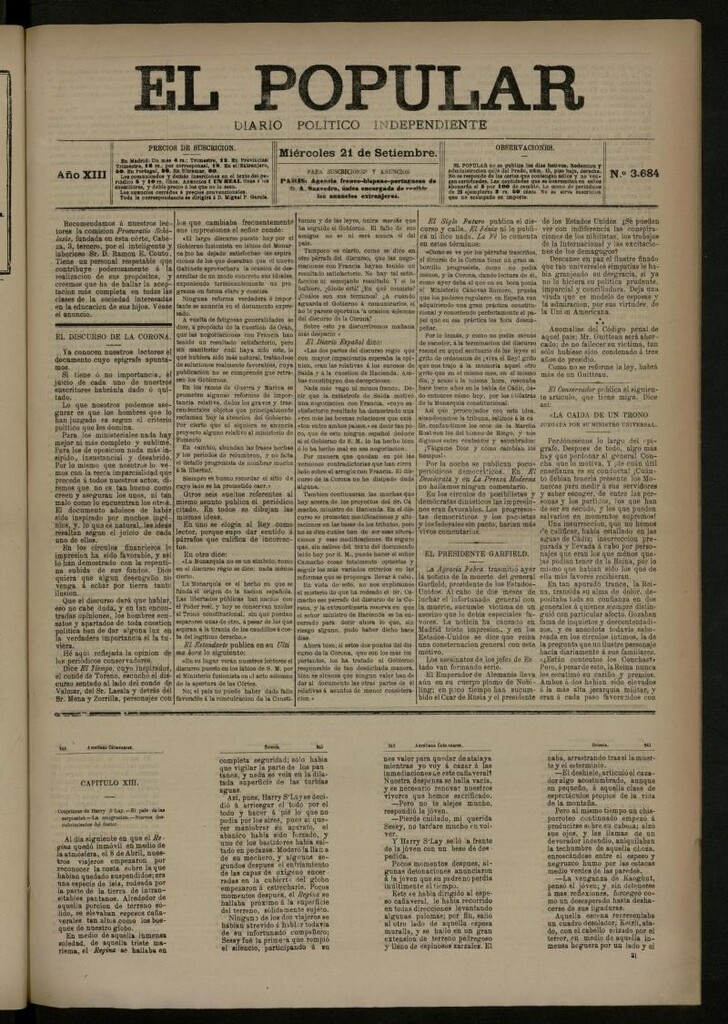 Miniatura de El Popular: diario independiente, político, literario y de noticias de interés general del 21 de septiembre de 1881, nº 3684
