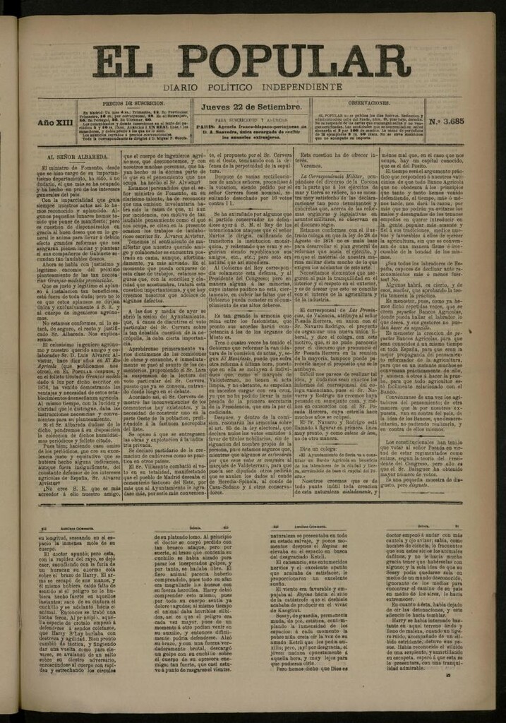 Miniatura de El Popular: diario independiente, político, literario y de noticias de interés general del 22 de septiembre de 1881, nº 3685