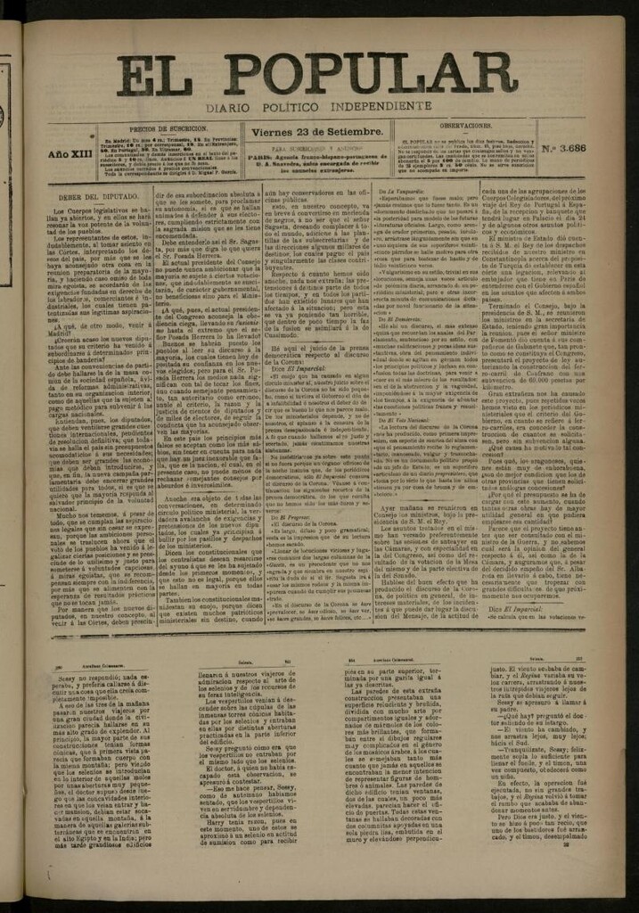 Miniatura de El Popular: diario independiente, político, literario y de noticias de interés general del 23 de septiembre de 1881, nº 3686