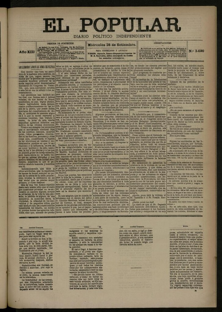 Miniatura de El Popular: diario independiente, político, literario y de noticias de interés general del 28 de septiembre de 1881, nº 3690