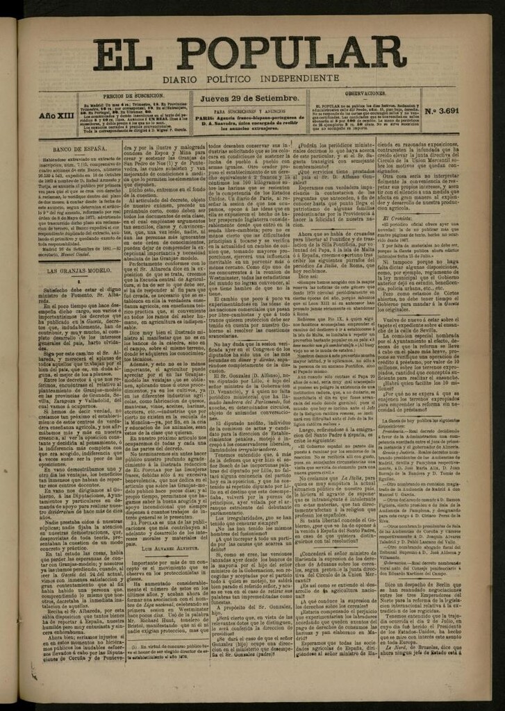 Miniatura de El Popular: diario independiente, político, literario y de noticias de interés general del 29 de septiembre de 1881, nº 3691