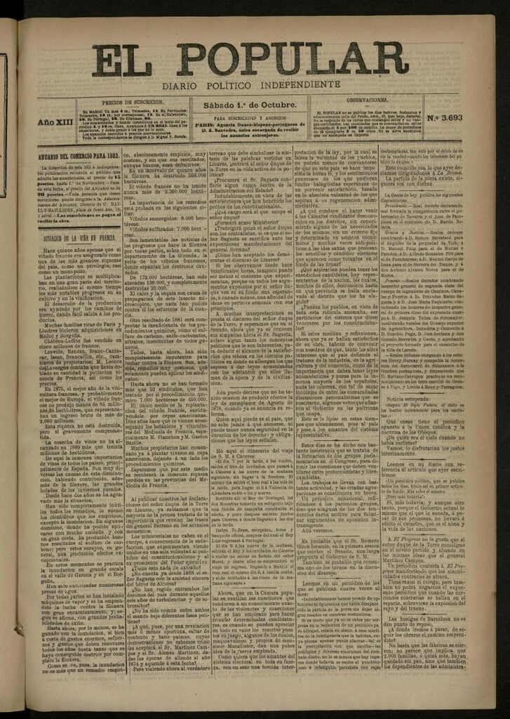 Miniatura de El Popular: diario independiente, político, literario y de noticias de interés general del 1 de octubre de 1881, nº 3693
