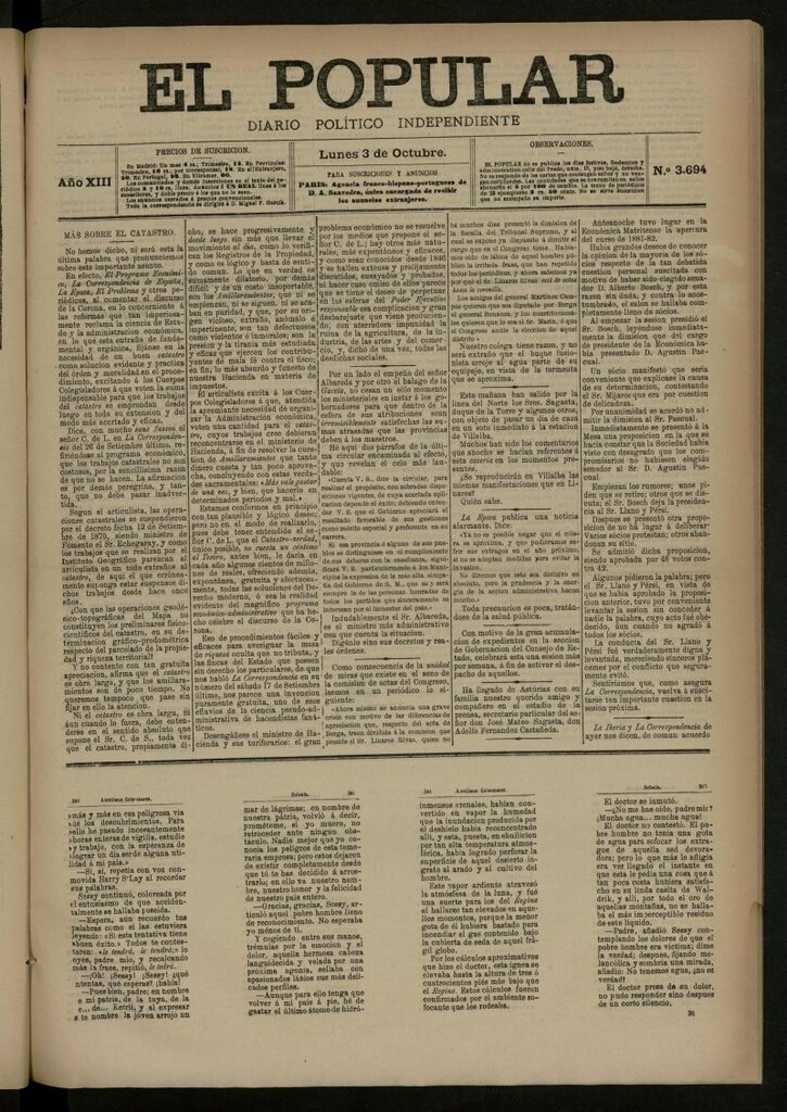 Miniatura de El Popular: diario independiente, político, literario y de noticias de interés general del 3 de octubre de 1881, nº 3694