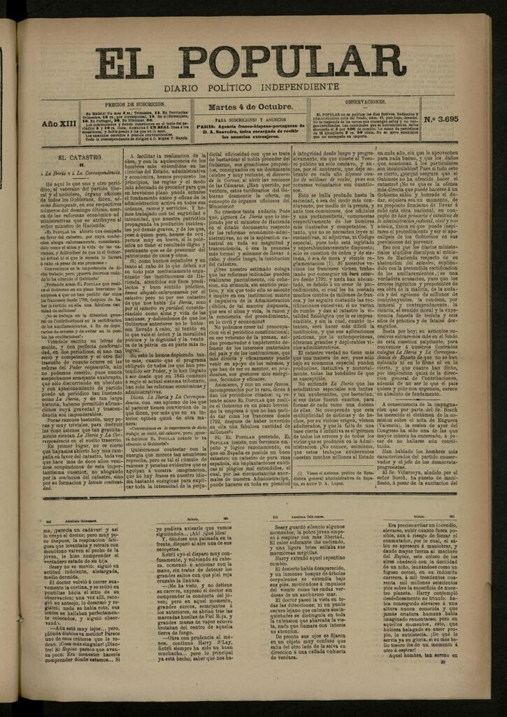 Miniatura de El Popular: diario independiente, político, literario y de noticias de interés general del 4 de octubre de 1881, nº 3695