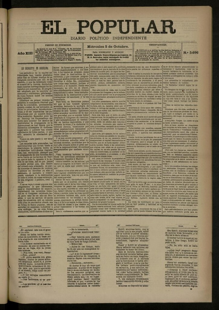 Miniatura de El Popular: diario independiente, político, literario y de noticias de interés general del 5 de octubre de 1881, nº 3696