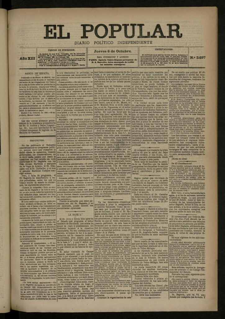 Miniatura de El Popular: diario independiente, político, literario y de noticias de interés general del 6 de octubre de 1881, nº 3697