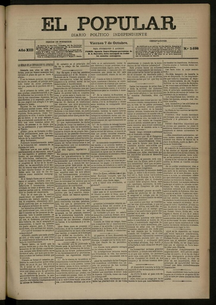 Miniatura de El Popular: diario independiente, político, literario y de noticias de interés general del 7 de octubre de 1881, nº 3698