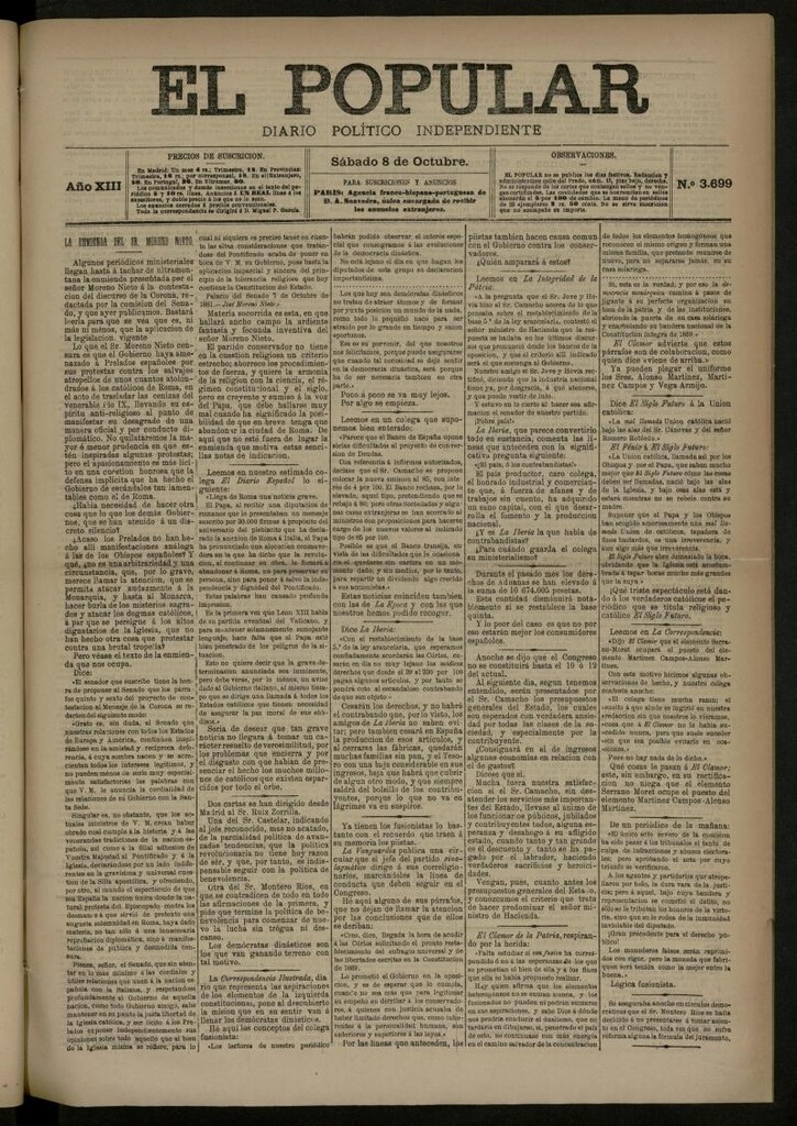 Miniatura de El Popular: diario independiente, político, literario y de noticias de interés general del 8 de octubre de 1881, nº 3699