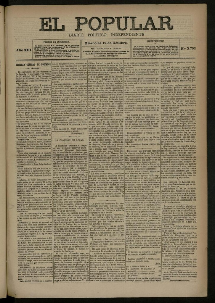 Miniatura de El Popular: diario independiente, político, literario y de noticias de interés general del 12 de octubre de 1881, nº 3702