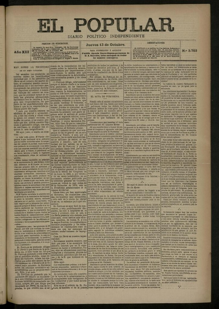 Miniatura de El Popular: diario independiente, político, literario y de noticias de interés general del 13 de octubre de 1881, nº 3703